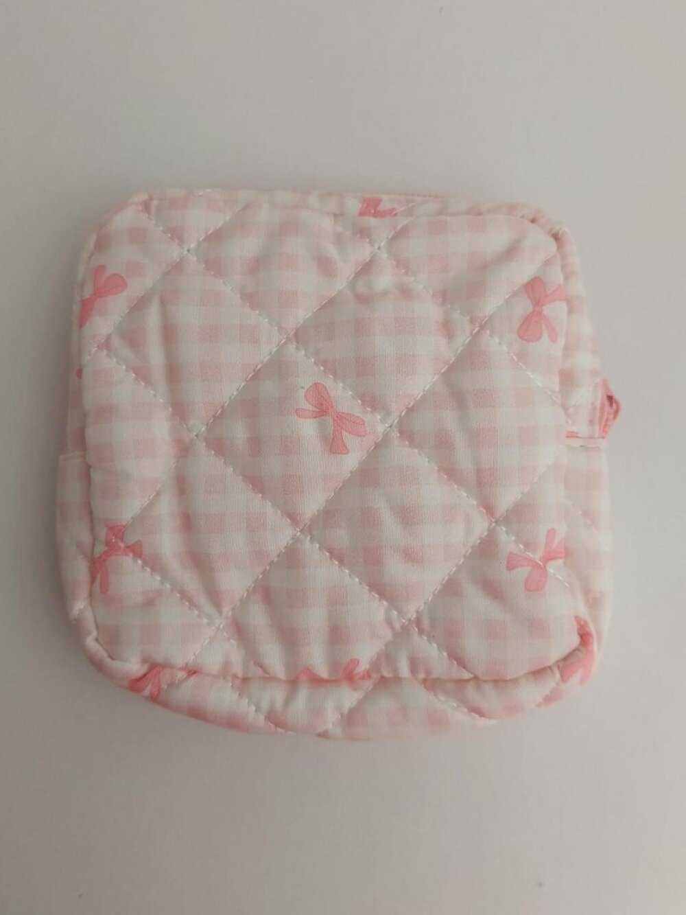 pink bow plad gingham make up pouch small square bag